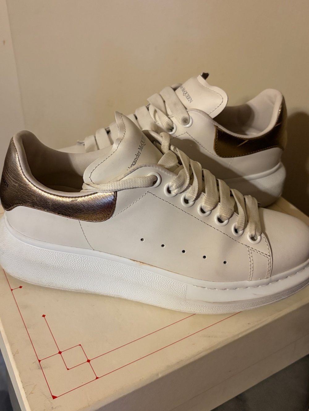 Alexander McQueen White Leather Platform Sneakers with Metallic Bronze Heel